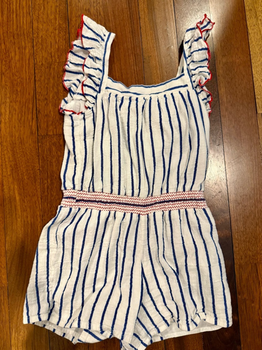 Cat & Jack White Romper Blue Stripes & Red Trimmed Ruffle Patriotic July 4 Sz M